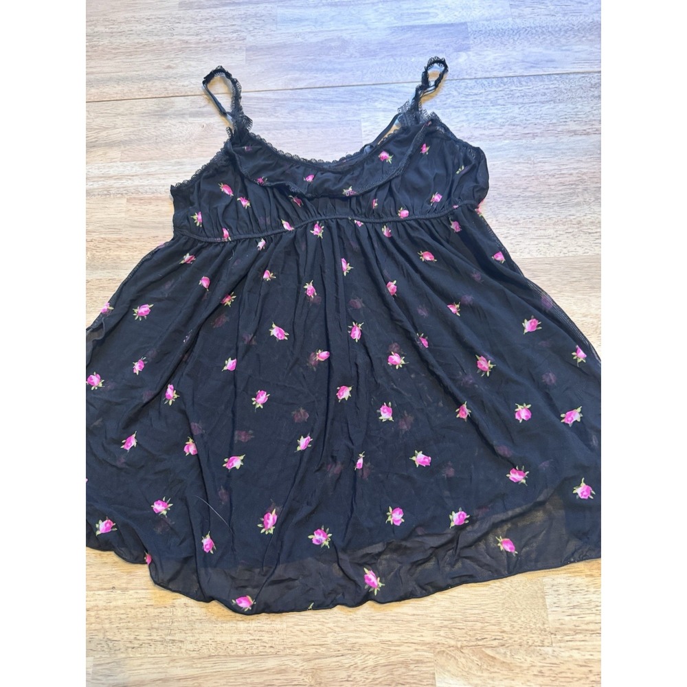 Babydoll Fairy Nightie Black Pink Floral Sheer Rosebud Coquette Festival Large‎